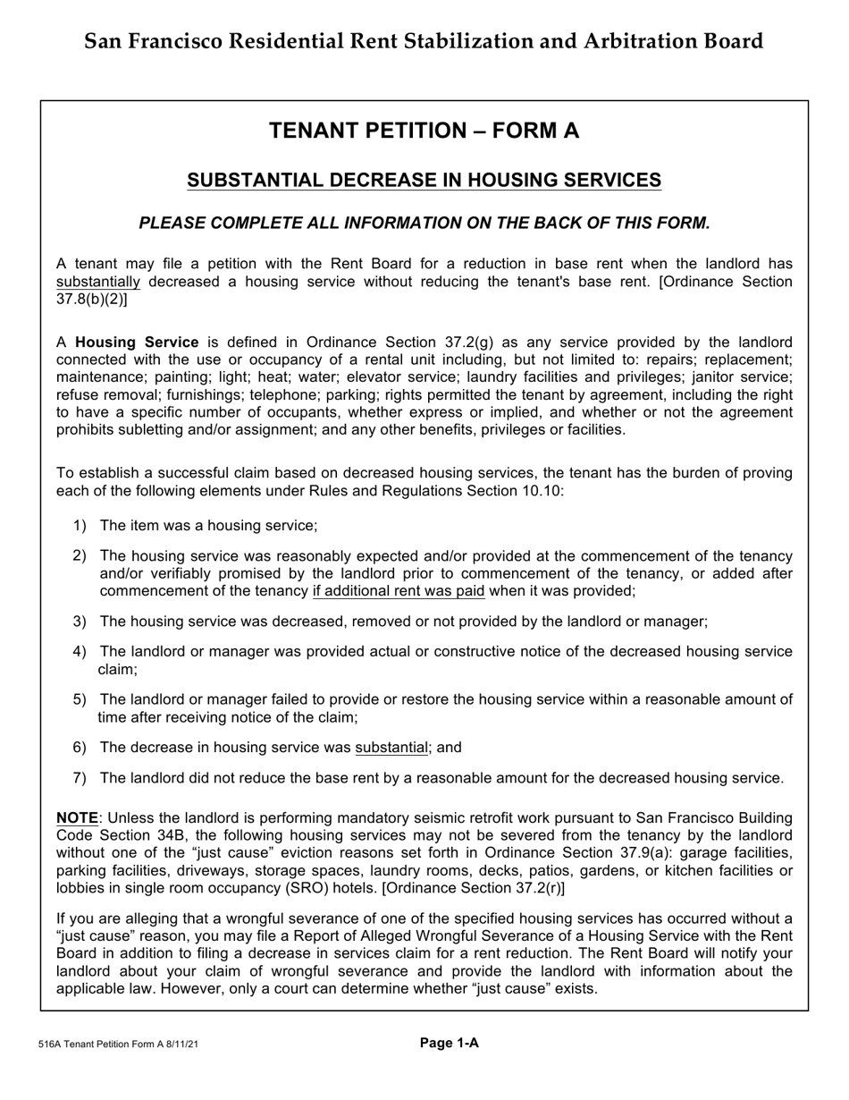 Form 516A Tenant Petition: Decrease in Housing Services - City and County of San Francisco, California, Page 4