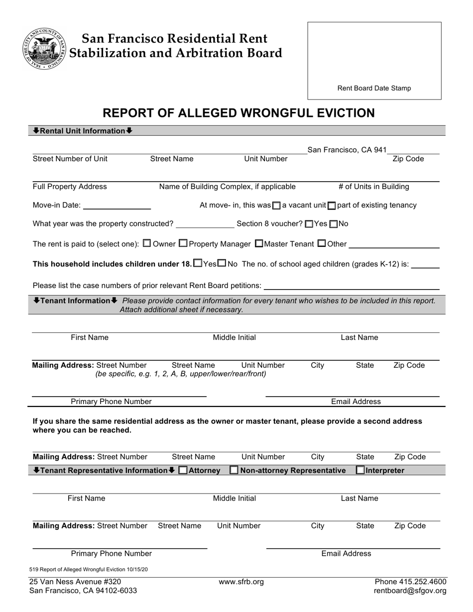 Form 519 Report of Alleged Wrongful Eviction - City and County of San Francisco, California, Page 1