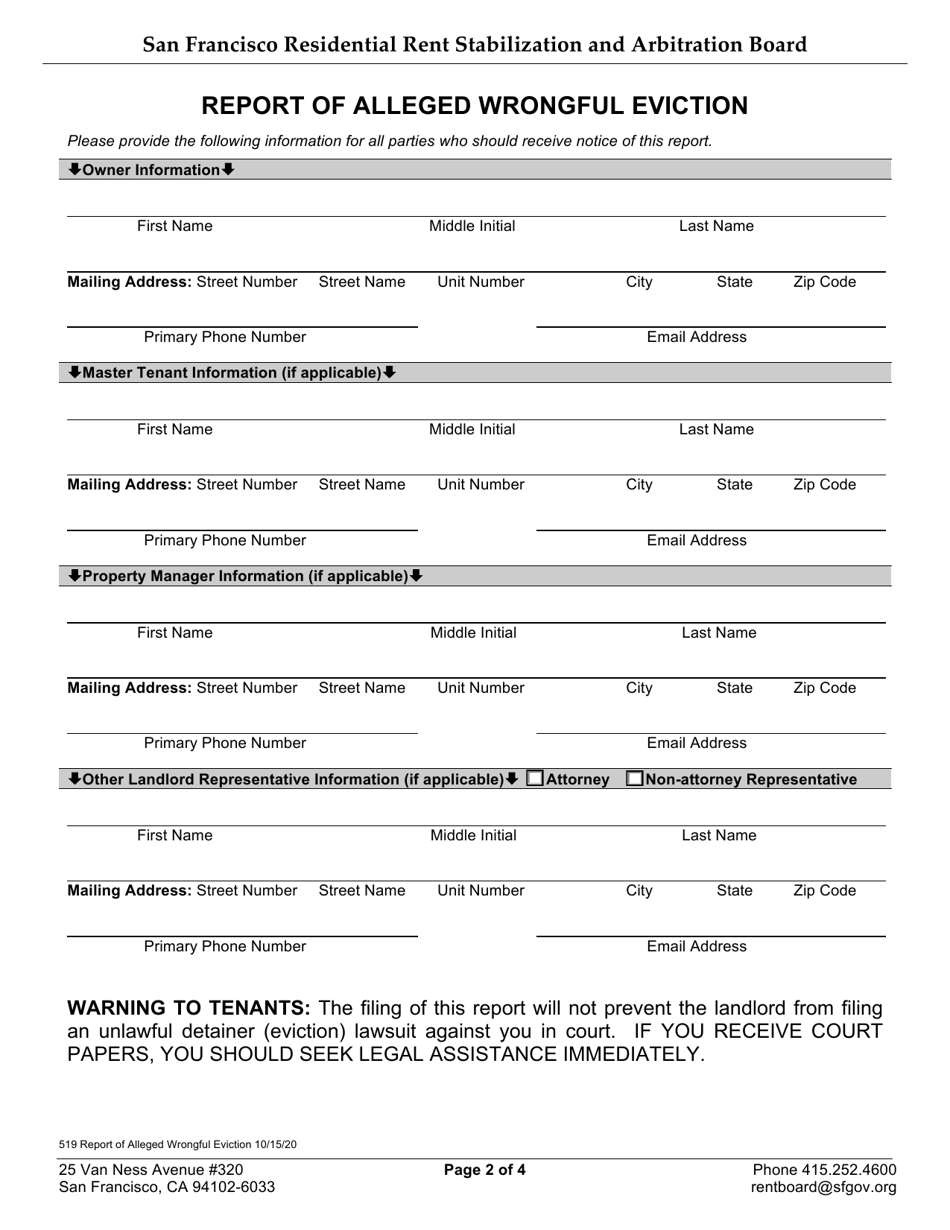 Form 519 Report of Alleged Wrongful Eviction - City and County of San Francisco, California, Page 2