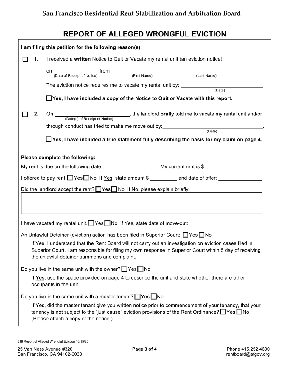 Form 519 Report of Alleged Wrongful Eviction - City and County of San Francisco, California, Page 3