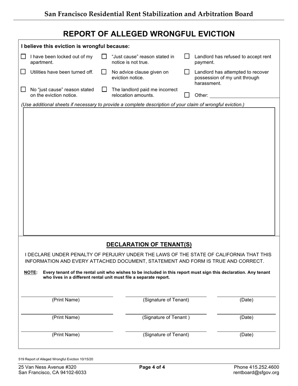 Form 519 Report of Alleged Wrongful Eviction - City and County of San Francisco, California, Page 4