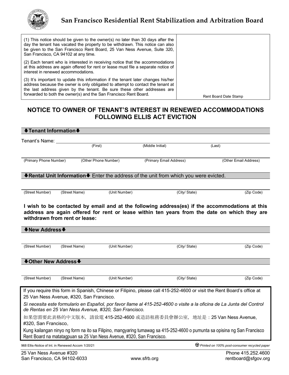 Form 968 Notice to Owner of Tenants Interest in Renewed Accommodations Following Ellis Act Eviction - City and County of San Francisco, California, Page 1
