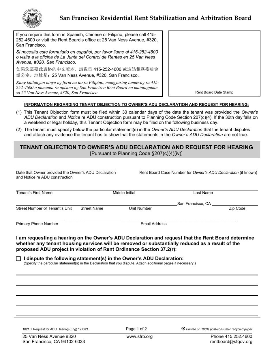 Form 1021 Tenant Objection to Owners Adu Declaration and Request for Hearing - City and County of San Francisco, California, Page 1