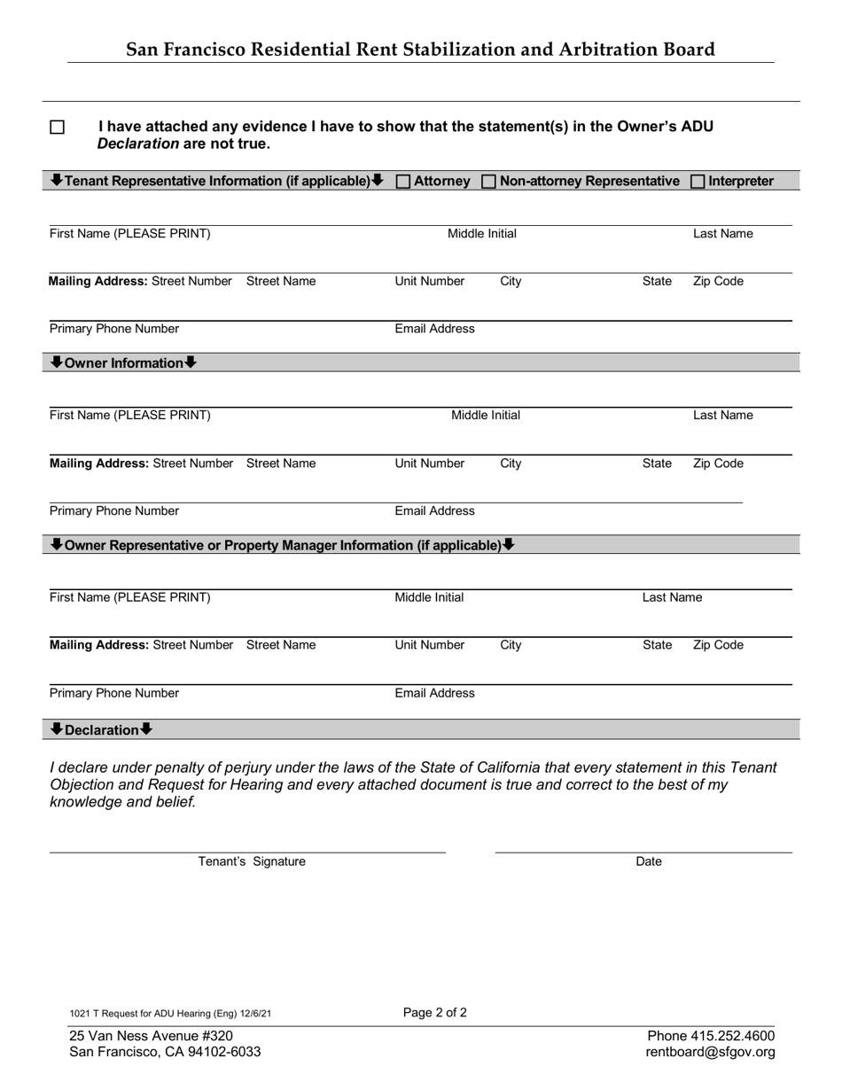 Form 1021 Tenant Objection to Owners Adu Declaration and Request for Hearing - City and County of San Francisco, California, Page 2