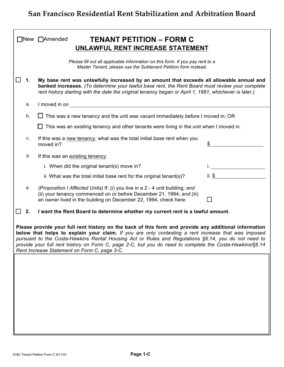 Form 516C Tenant Petition: Unlawful Rent Increase - City and County of San Francisco, California, Page 4
