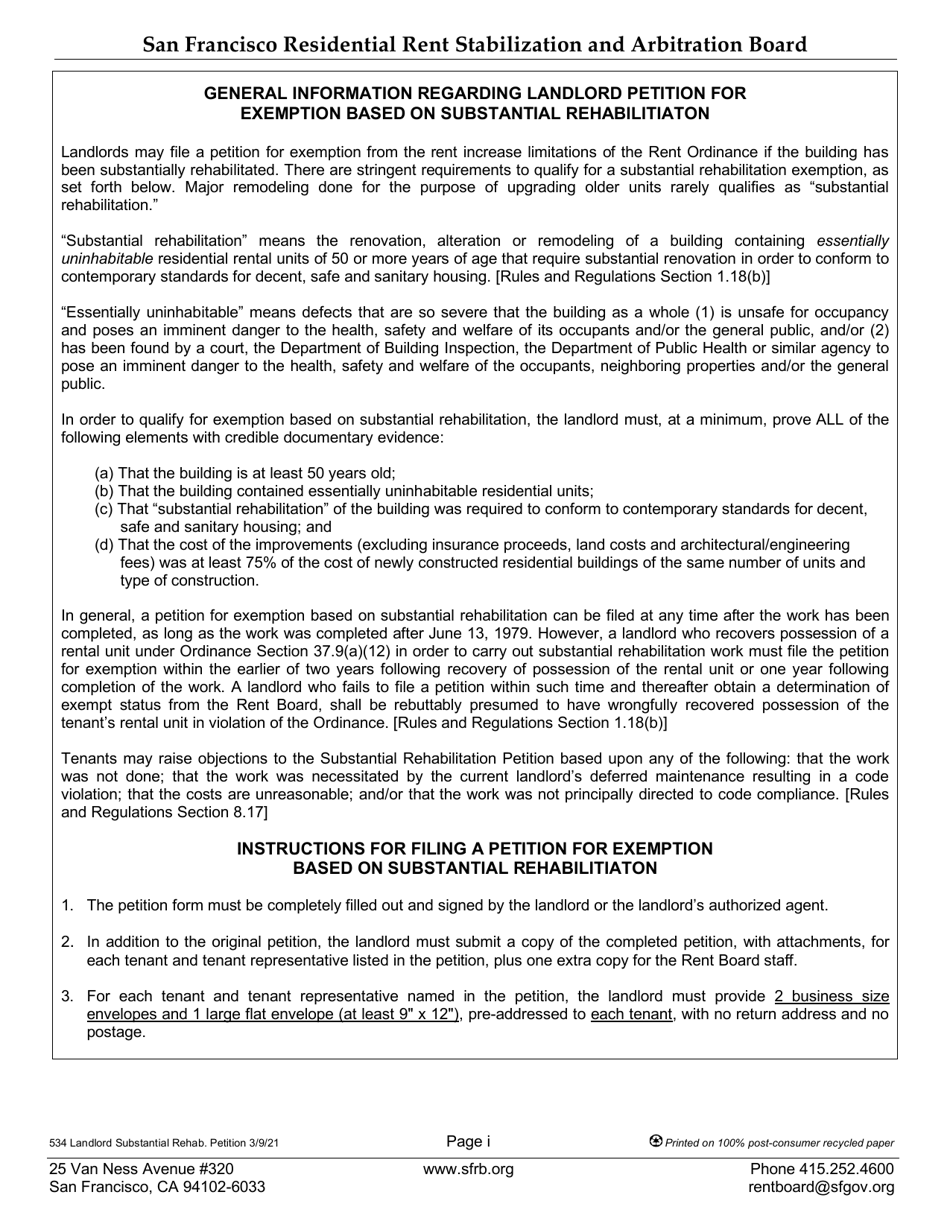 Form 534 Landlord Petition for Exemption Based on Substantial Rehabilitation - City and County San Francisco, California, Page 1