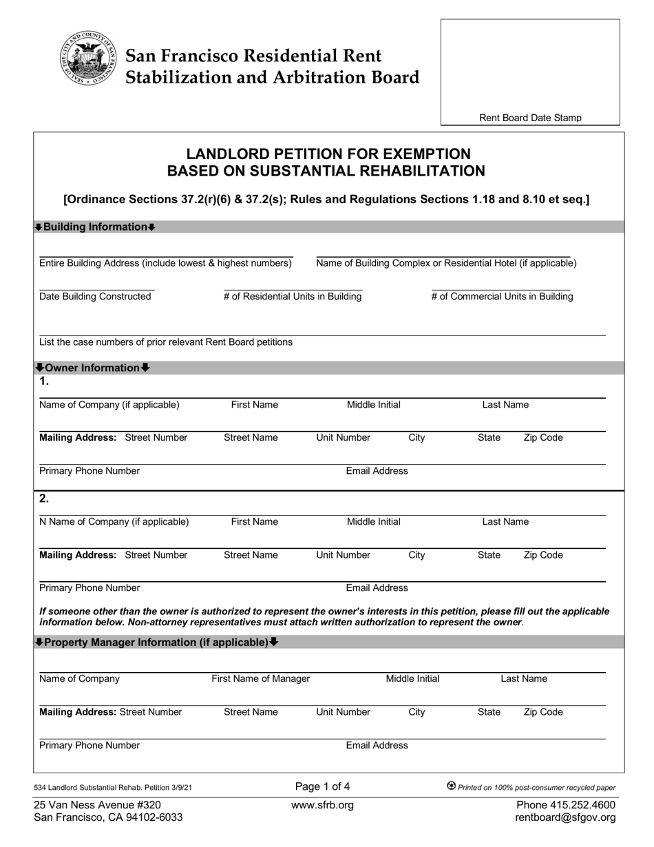Form 534 Landlord Petition for Exemption Based on Substantial Rehabilitation - City and County San Francisco, California, Page 4