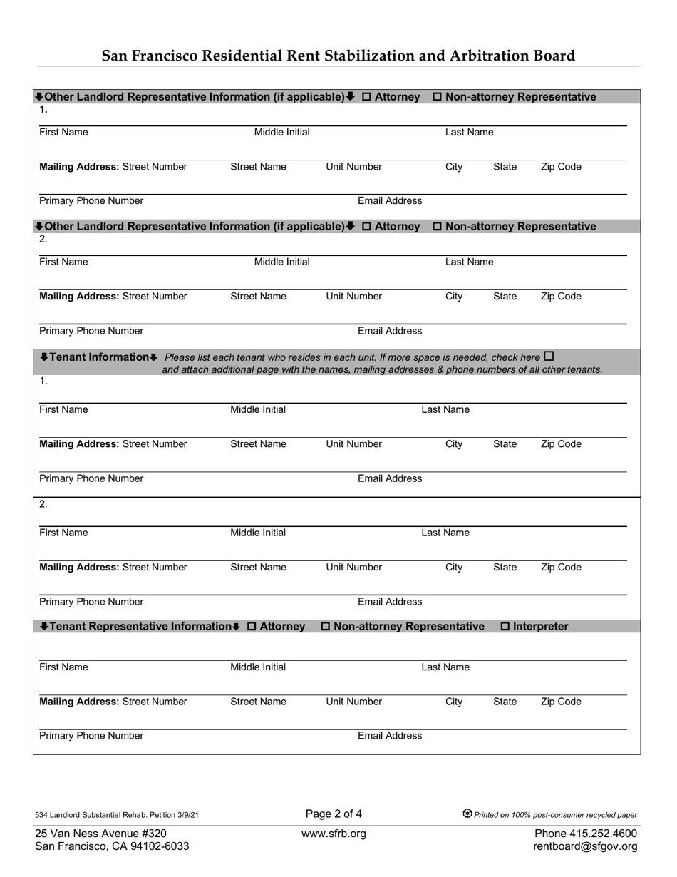 Form 534 Landlord Petition for Exemption Based on Substantial Rehabilitation - City and County San Francisco, California, Page 5