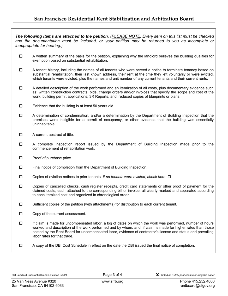 Form 534 Landlord Petition for Exemption Based on Substantial Rehabilitation - City and County San Francisco, California, Page 6
