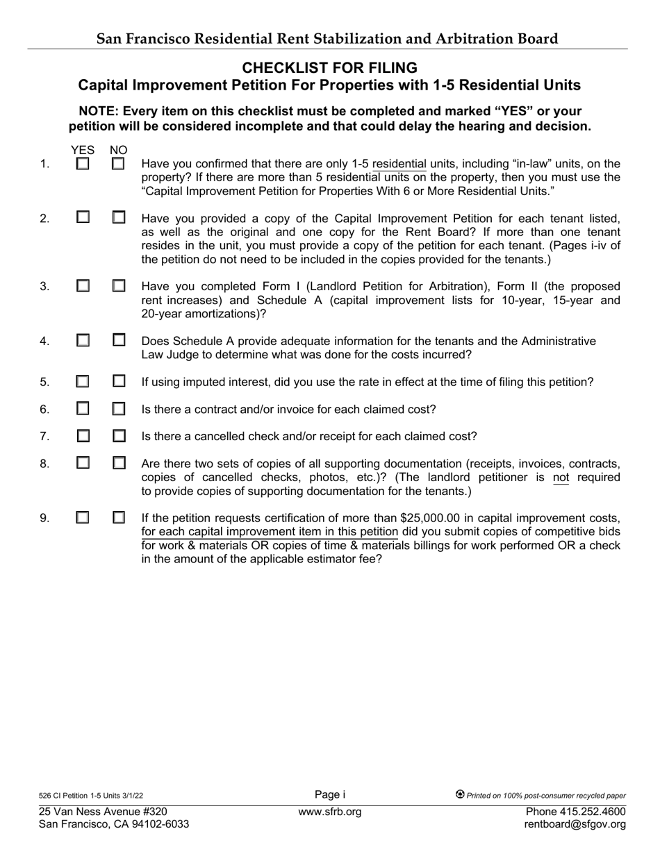 Form 526 Landlord Capital Improvement Petition for Properties With 1-5 Residential Units - City and County of San Francisco, California, Page 1