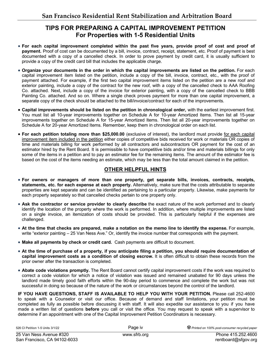Form 526 Landlord Capital Improvement Petition for Properties With 1-5 Residential Units - City and County of San Francisco, California, Page 4
