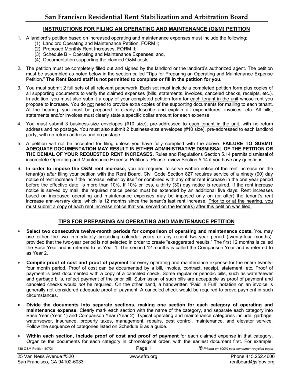 Form 530 Landlord Operating and Maintenance (Om) Petition - City and County of San Francisco, California, Page 2
