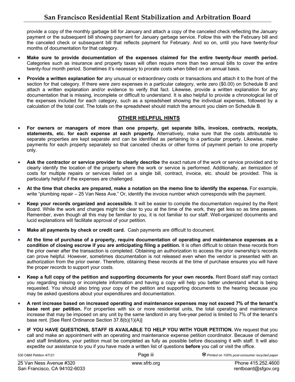 Form 530 Landlord Operating and Maintenance (Om) Petition - City and County of San Francisco, California, Page 3