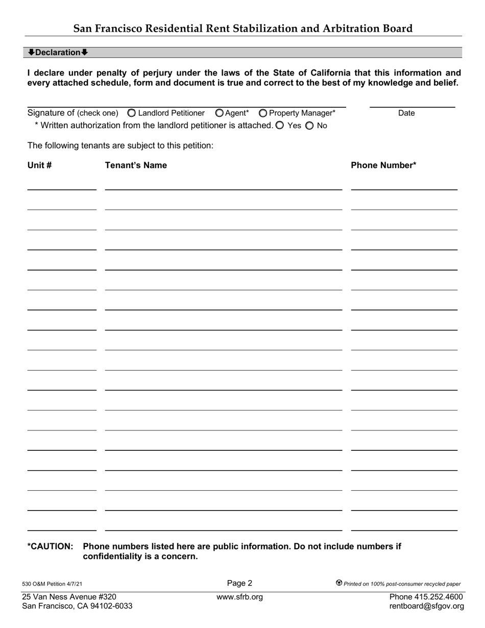 Form 530 Landlord Operating and Maintenance (Om) Petition - City and County of San Francisco, California, Page 5