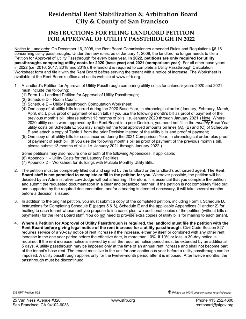 Form 1 (533) Landlord Petition for Approval of Utility Passthrough - City and County of San Francisco, California, Page 1