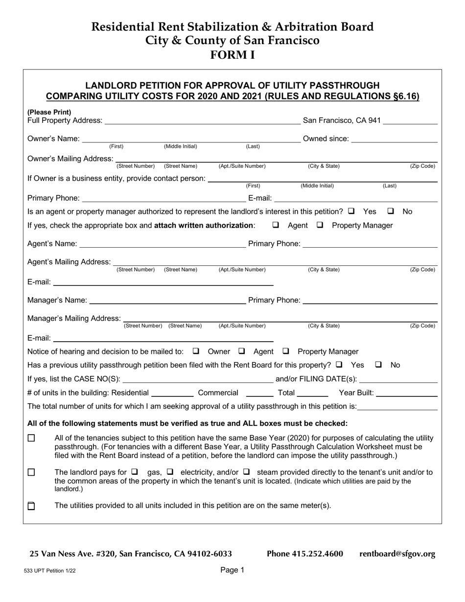 Form 1 (533) Landlord Petition for Approval of Utility Passthrough - City and County of San Francisco, California, Page 2