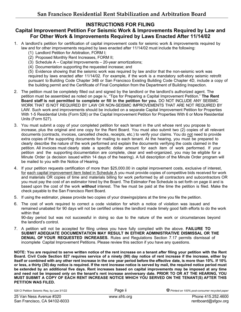 Form 528 Landlord Capital Improvement Petition for Seismic and Other Work Required by Law - City and County of San Francisco, California, Page 2