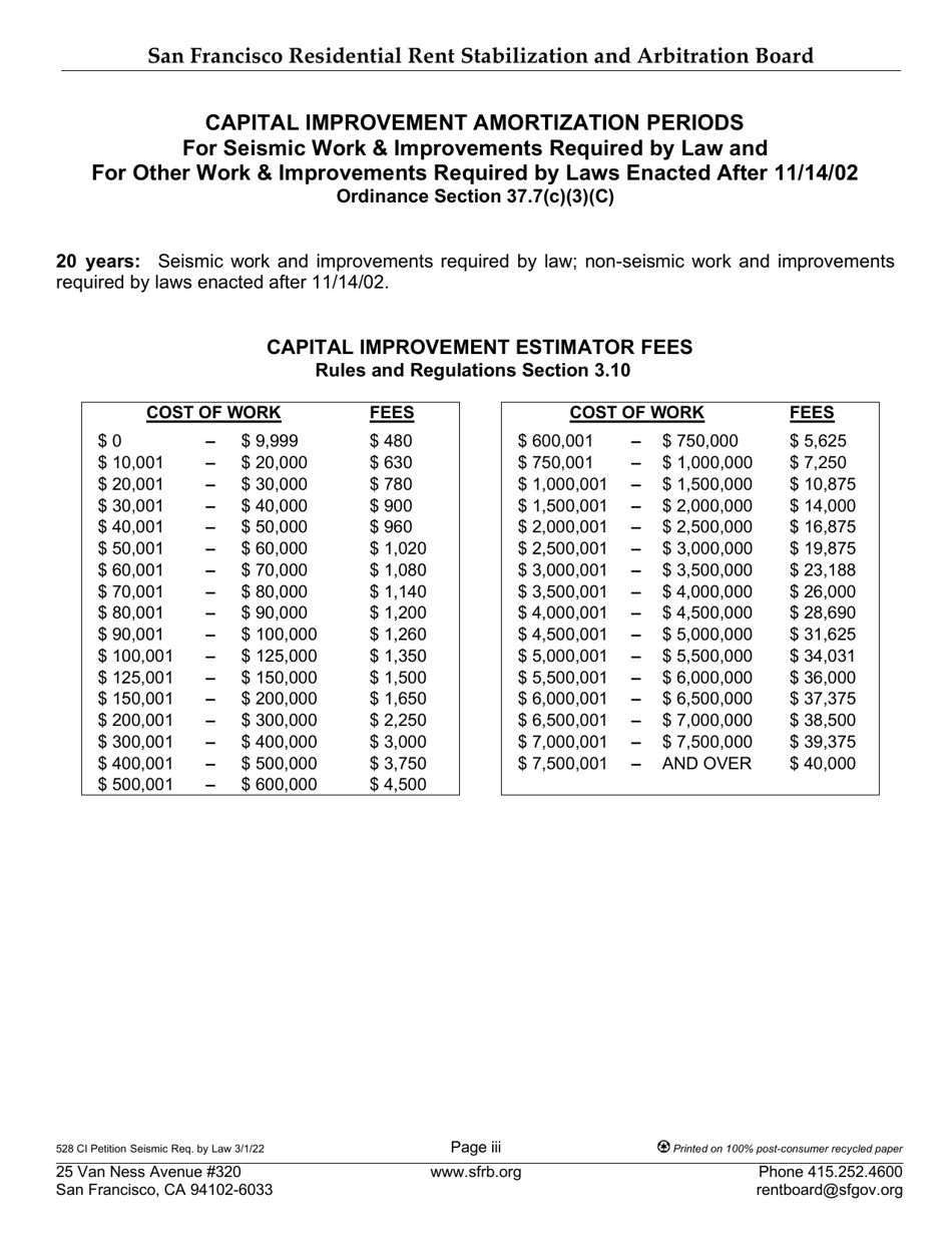 Form 528 Landlord Capital Improvement Petition for Seismic and Other Work Required by Law - City and County of San Francisco, California, Page 3