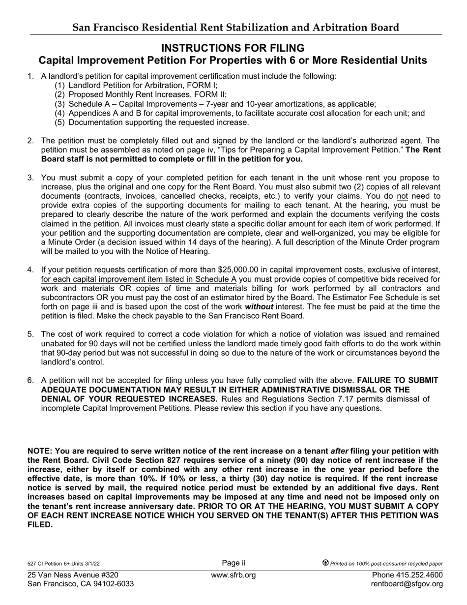 Form 527 Landlord Capital Improvement Petition for Properties With 6 or More Residential Units - City and County of San Francisco, California, Page 2
