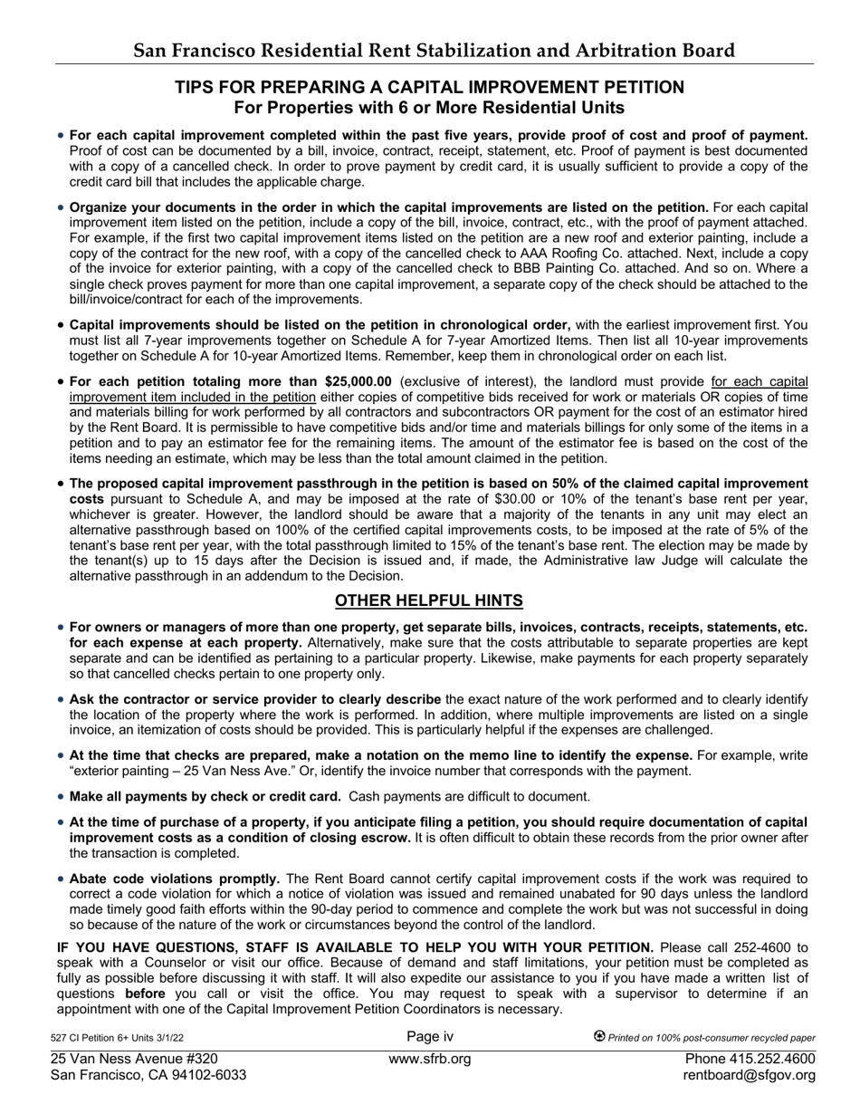 Form 527 Landlord Capital Improvement Petition for Properties With 6 or More Residential Units - City and County of San Francisco, California, Page 4