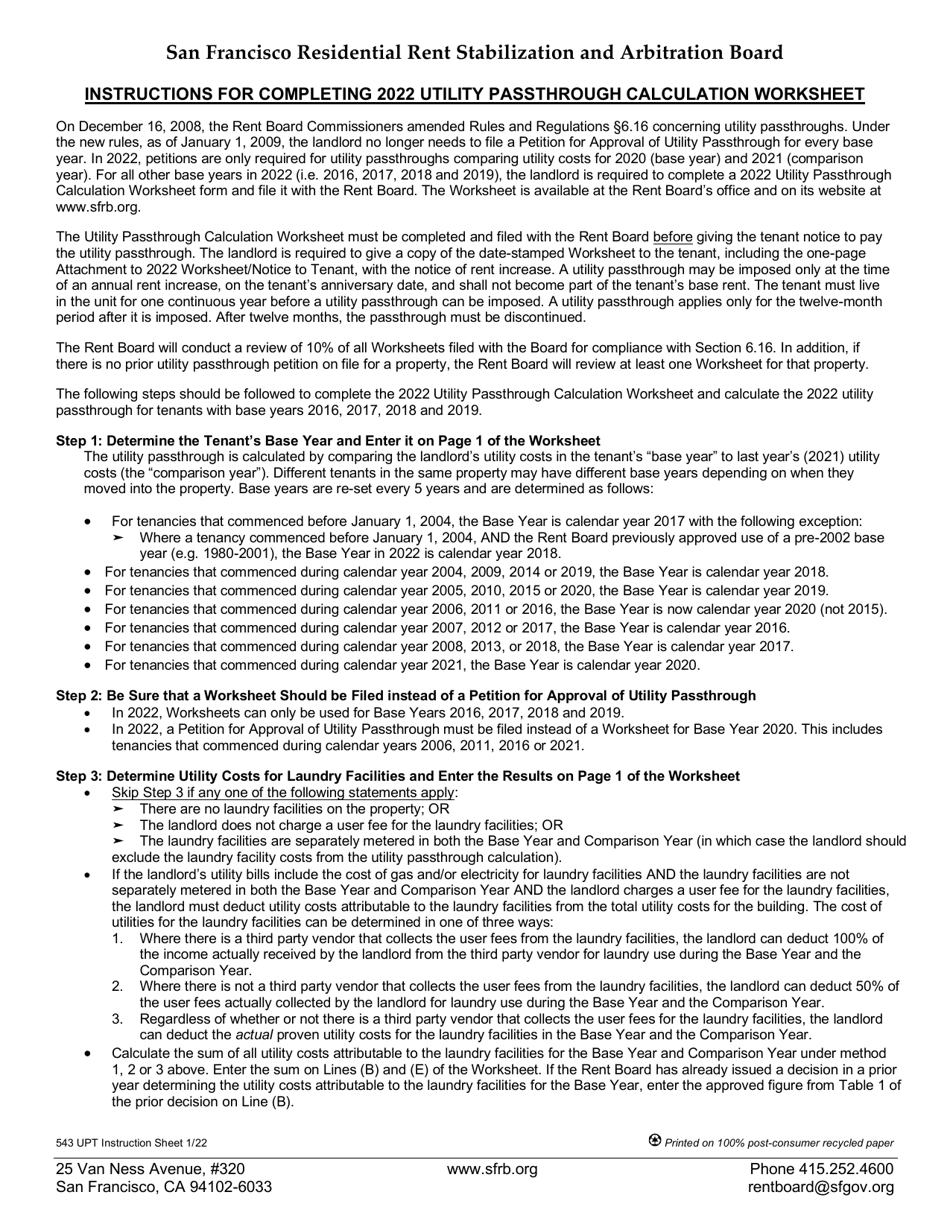 Instructions for Form 542 Utility Passthrough Calculation Worksheet - City and County of San Francisco, California, Page 1