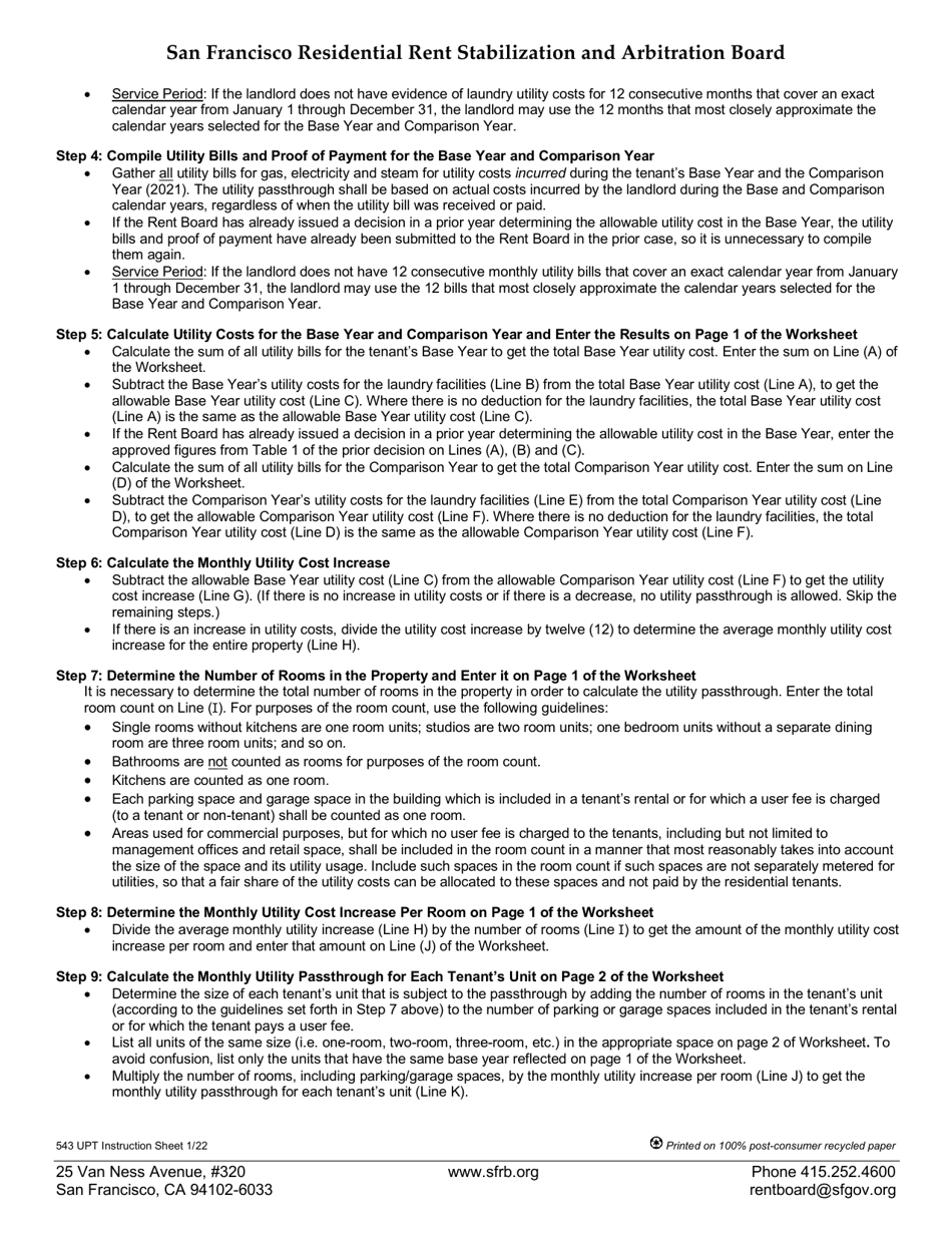 Instructions for Form 542 Utility Passthrough Calculation Worksheet - City and County of San Francisco, California, Page 2