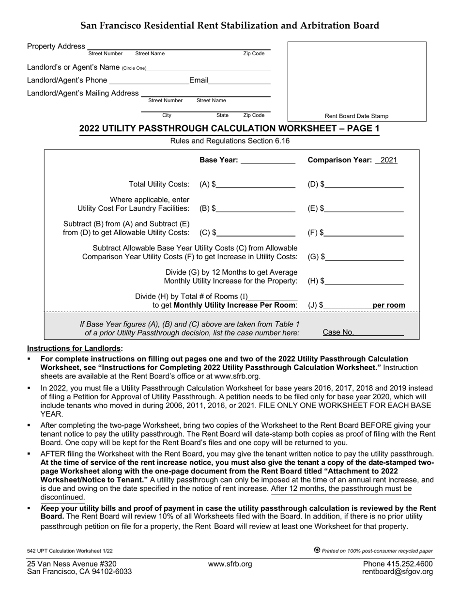 Form 542 Utility Passthrough Calculation Worksheet - City and County of San Francisco, California, Page 1