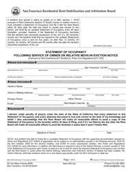 Form 546A Statement of Occupancy Following Service of Owner or Relative Move-In Eviction Notice - City and County of San Francisco, California
