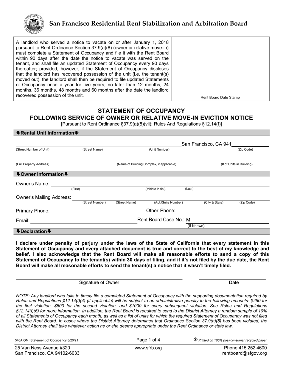 Form 546A Statement of Occupancy Following Service of Owner or Relative Move-In Eviction Notice - City and County of San Francisco, California, Page 1