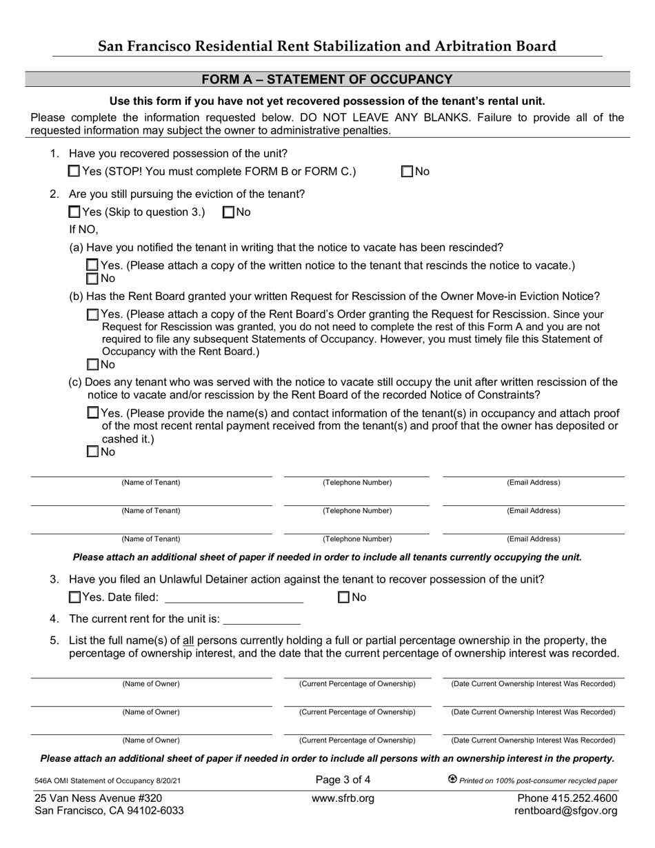 Form 546A Statement of Occupancy Following Service of Owner or Relative Move-In Eviction Notice - City and County of San Francisco, California, Page 3