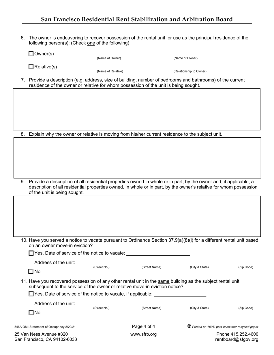 Form 546A Statement of Occupancy Following Service of Owner or Relative Move-In Eviction Notice - City and County of San Francisco, California, Page 4