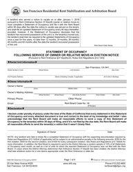 Document preview: Form 546B Statement of Occupancy Following Service of Owner or Relative Move-In Eviction Notice - City and County of San Francisco, California
