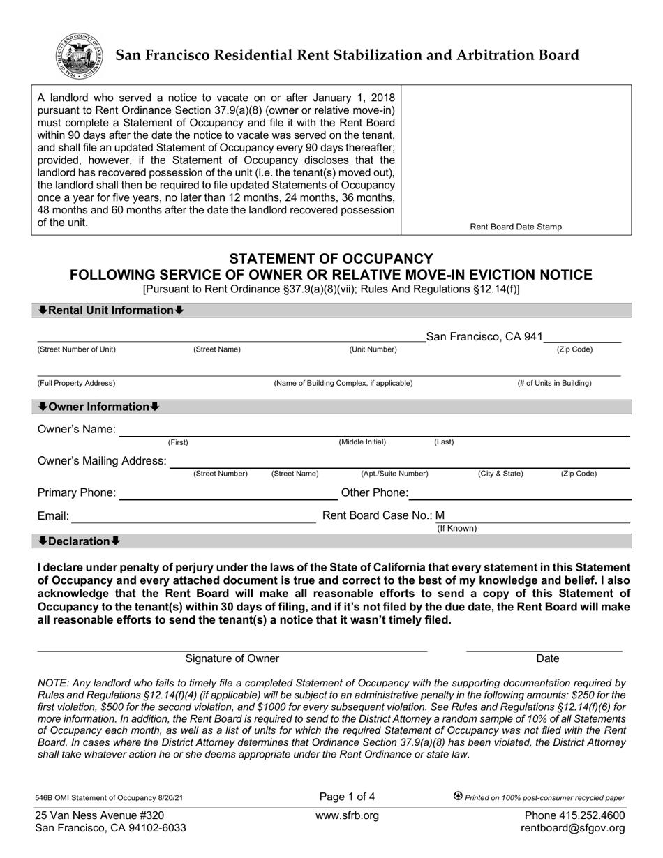 Form 546B Statement of Occupancy Following Service of Owner or Relative Move-In Eviction Notice - City and County of San Francisco, California, Page 1