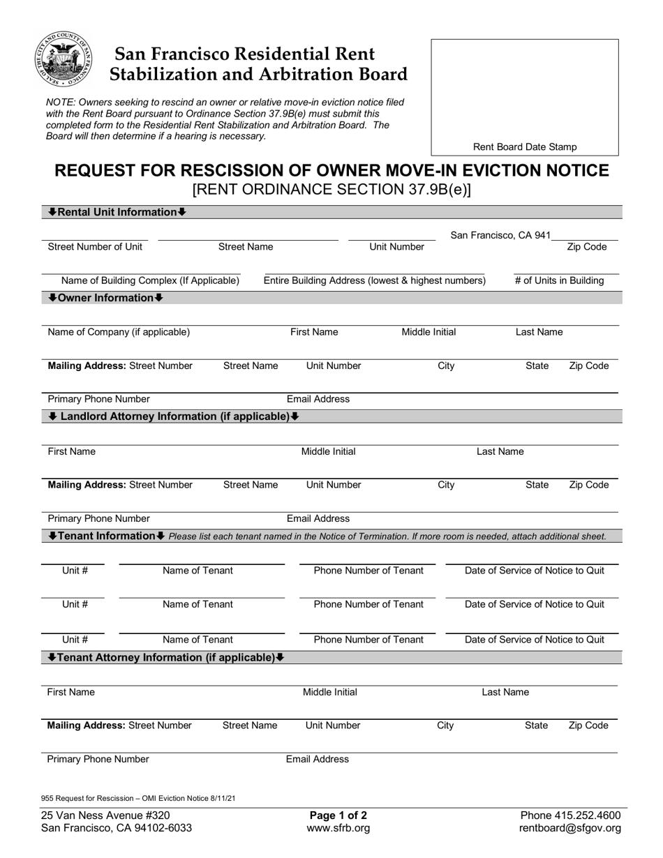 Form 955 Request for Rescission of Owner Move-In Eviction Notice - City and County of San Francisco, California, Page 1