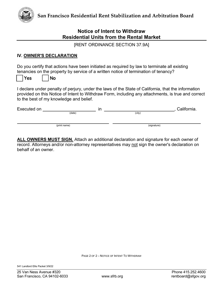 Form 541 Notice of Intent to Withdraw Residential Units From the Rental Market - City and County of San Francisco, California, Page 5