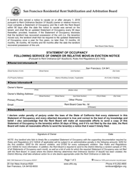 Document preview: Form 546C Statement of Occupancy Following Service of Owner or Relative Move-In Eviction Notice - City and County of San Francisco, California