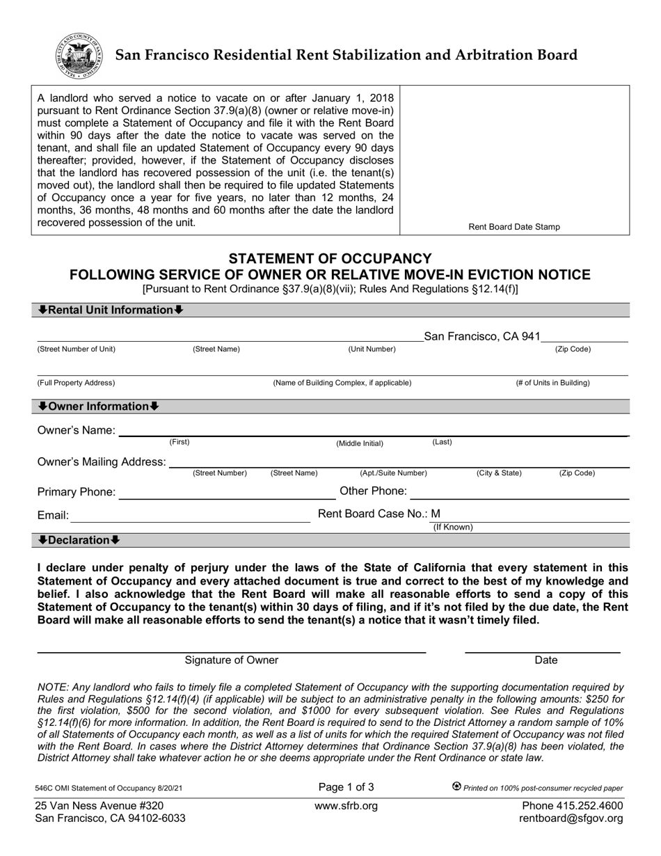 Form 546C Statement of Occupancy Following Service of Owner or Relative Move-In Eviction Notice - City and County of San Francisco, California, Page 1