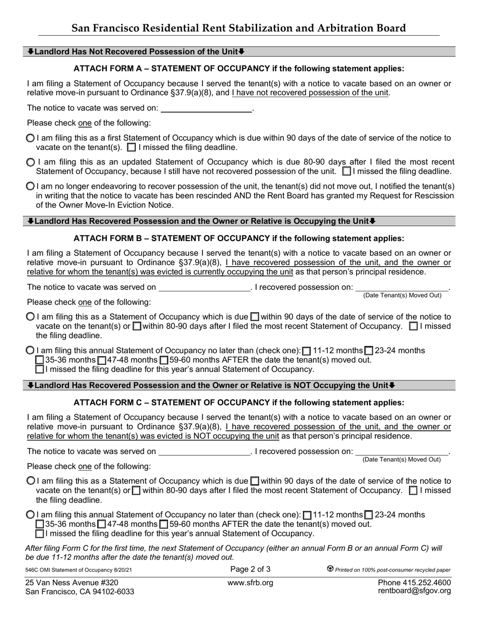 Form 546C Download Fillable PDF or Fill Online Statement of Occupancy