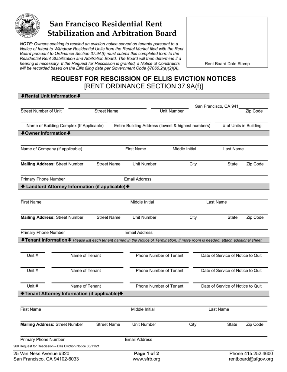 Form 960 Request for Rescission of Ellis Eviction Notices - City and County of San Francisco, California, Page 1