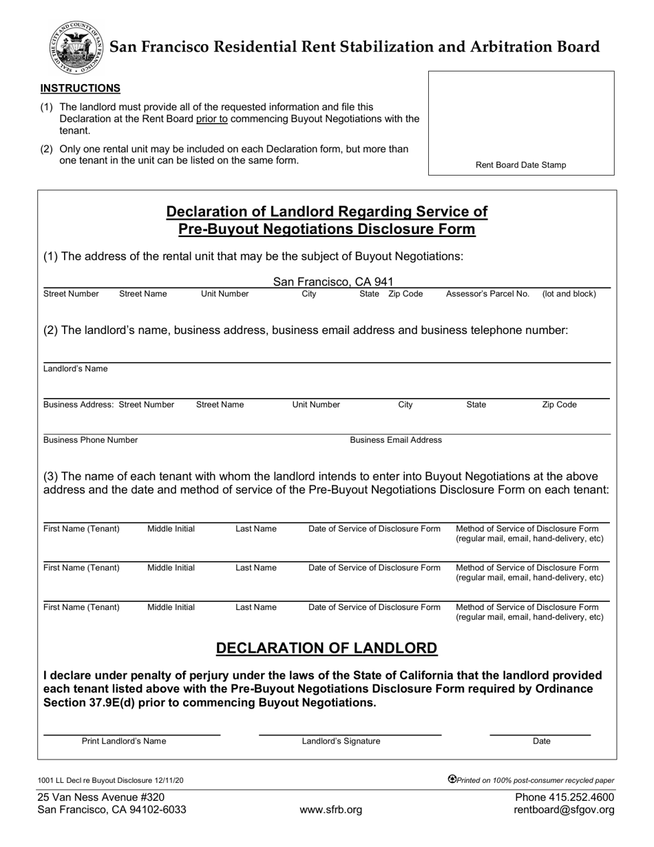 Form 1001 Declaration of Landlord Regarding Service of Pre-buyout Negotiations Disclosure - City and County of San Francisco, California, Page 1