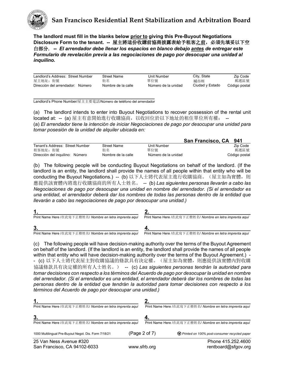 Form 1000 Multilingual Pre-buyout Disclosure Form - City and County of San Francisco, California (English / Spanish / Chinese), Page 2