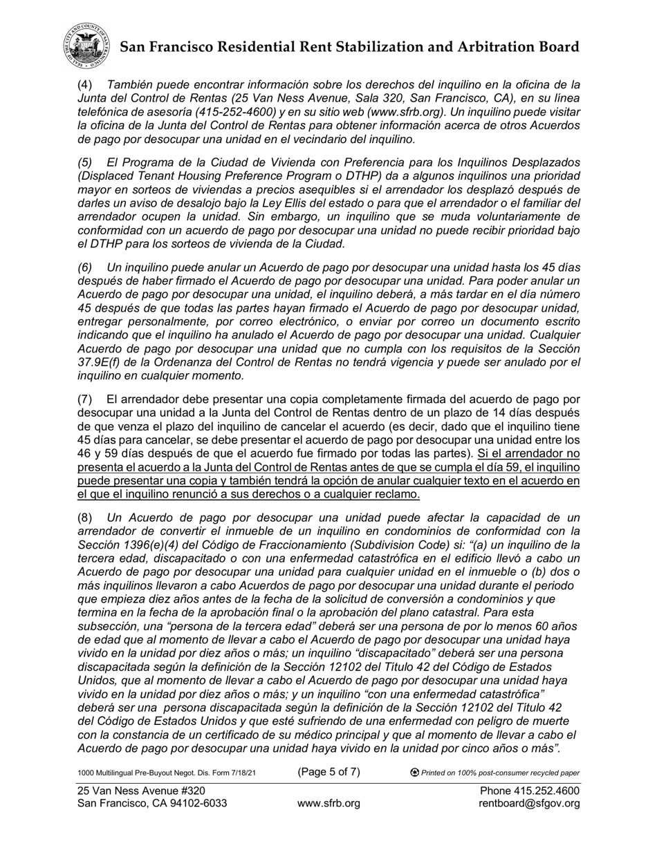 Form 1000 Multilingual Pre-buyout Disclosure Form - City and County of San Francisco, California (English / Spanish / Chinese), Page 5