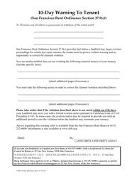 Document preview: Form 1008 Warning Letter to Tenant - 10 Days to Cure - City and county of San Francisco, California
