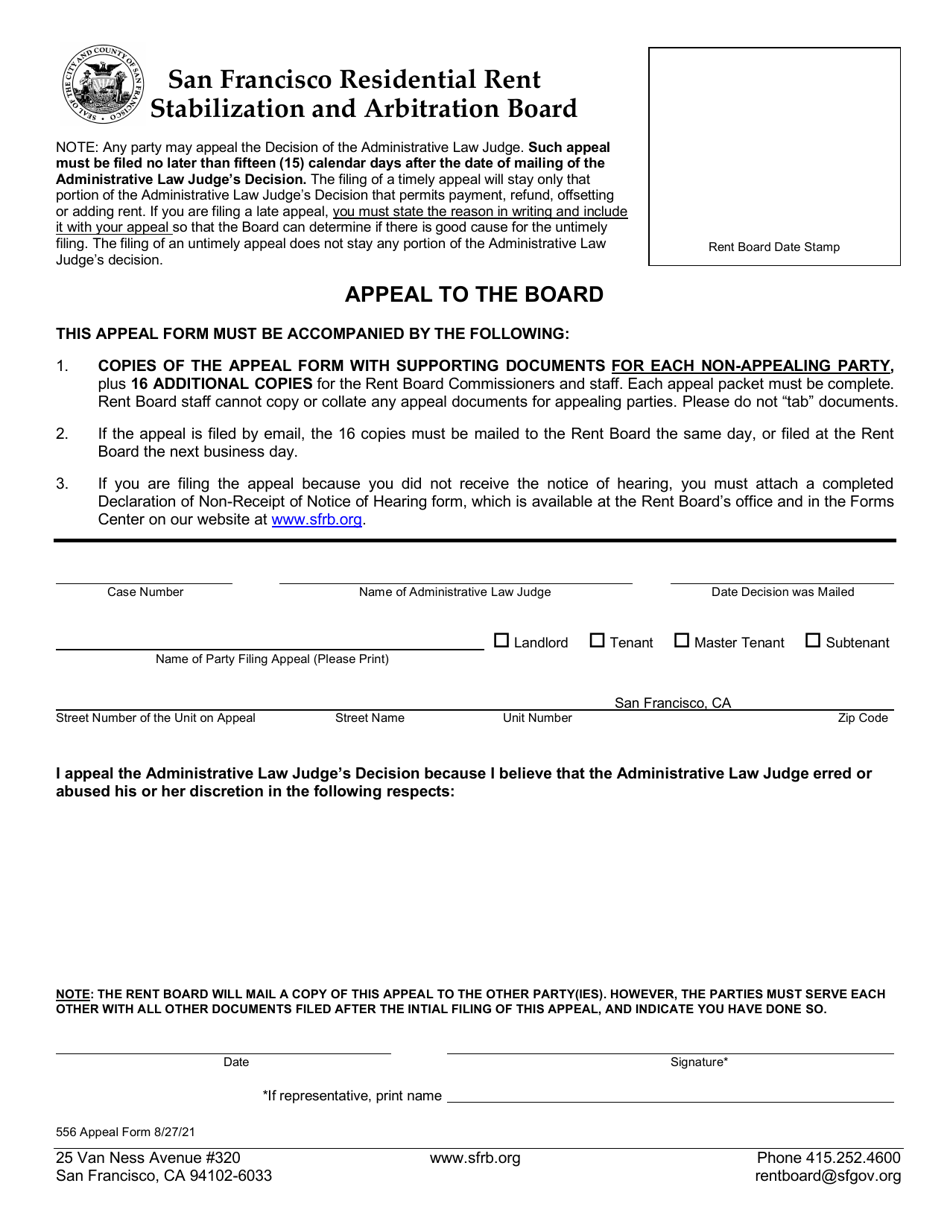 Form 556 Appeal to the Board - Tenant or Landlord - City and County of San Francisco, California, Page 1