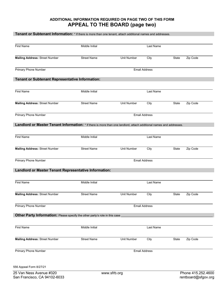Form 556 Appeal to the Board - Tenant or Landlord - City and County of San Francisco, California, Page 2