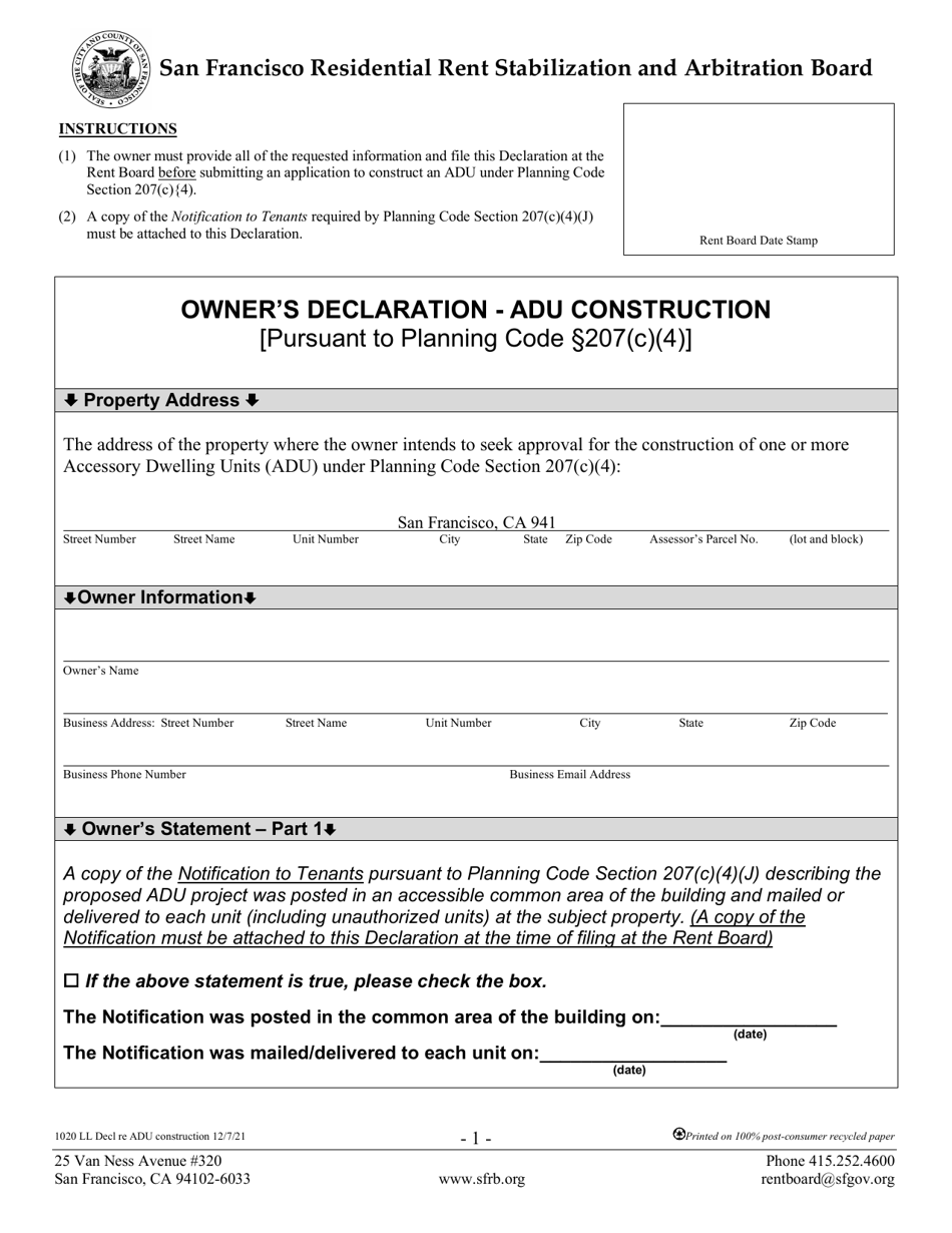 Form 1020 Owners Declaration - Adu Construction - City and County of San Francisco, California, Page 1