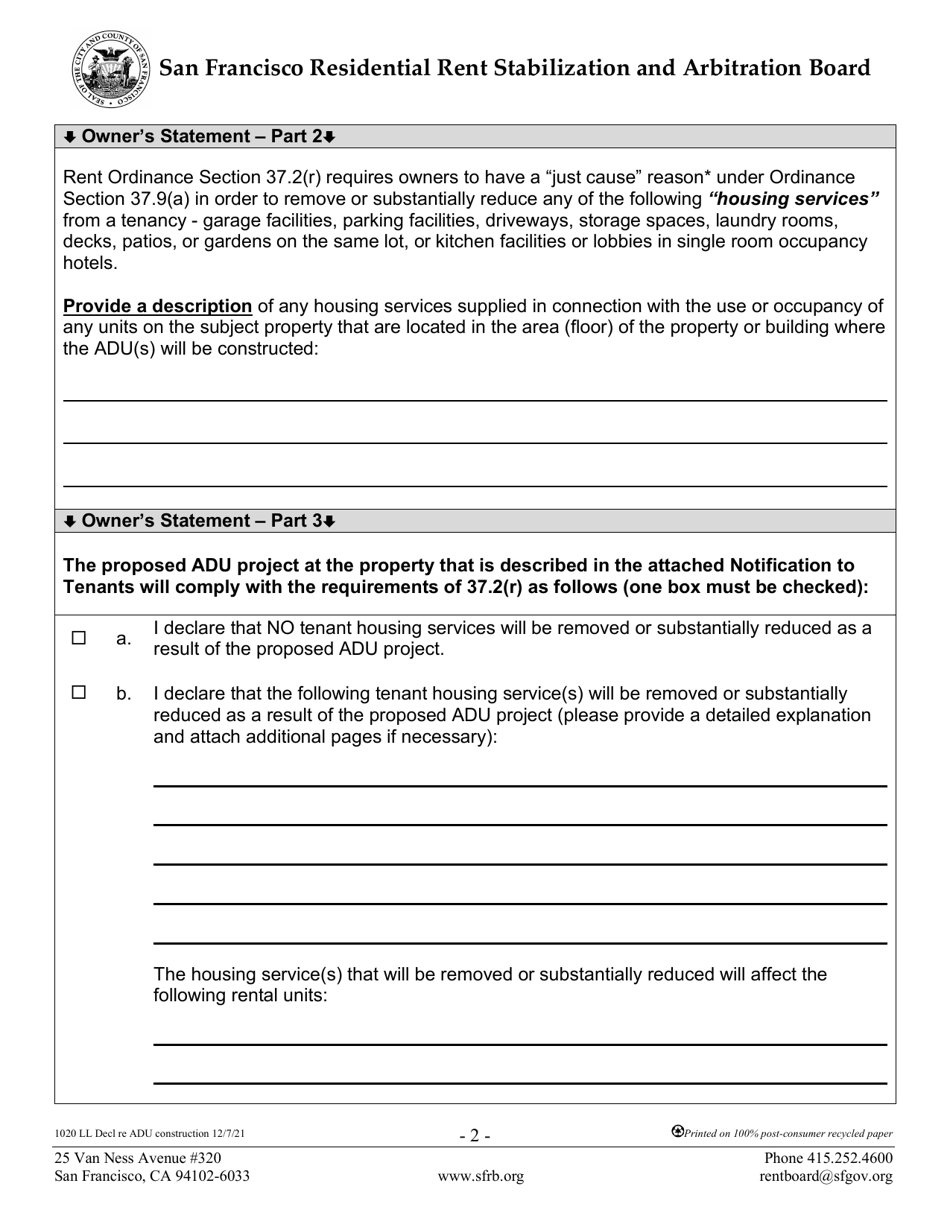 Form 1020 Owners Declaration - Adu Construction - City and County of San Francisco, California, Page 2