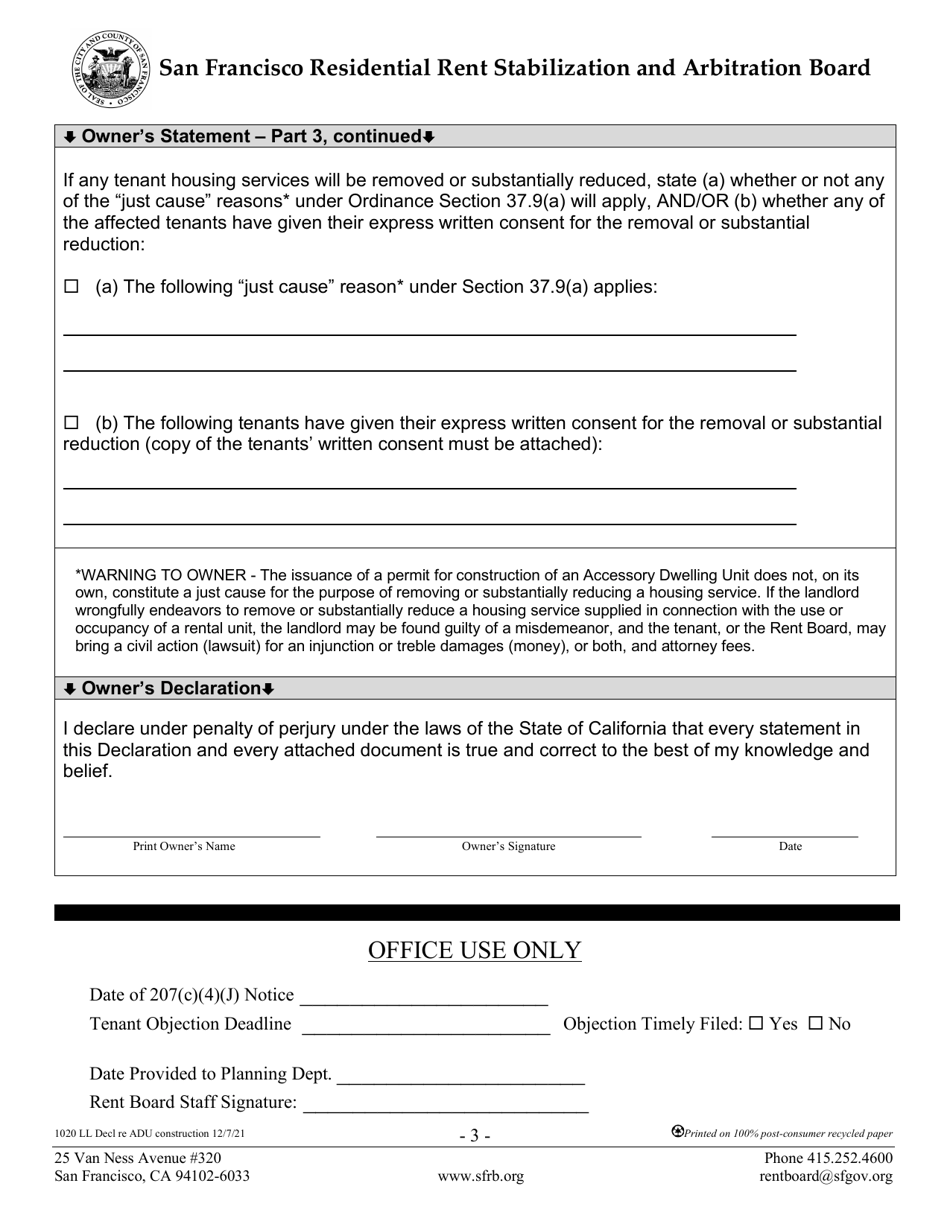 Form 1020 Owners Declaration - Adu Construction - City and County of San Francisco, California, Page 3