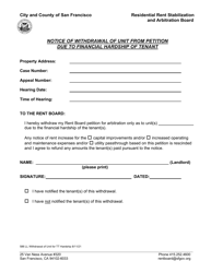 Form 586 Notice of Withdrawal of Unit From Petition Due to Financial Hardship of Tenant - Landlord Only - City and County of San Francisco, California
