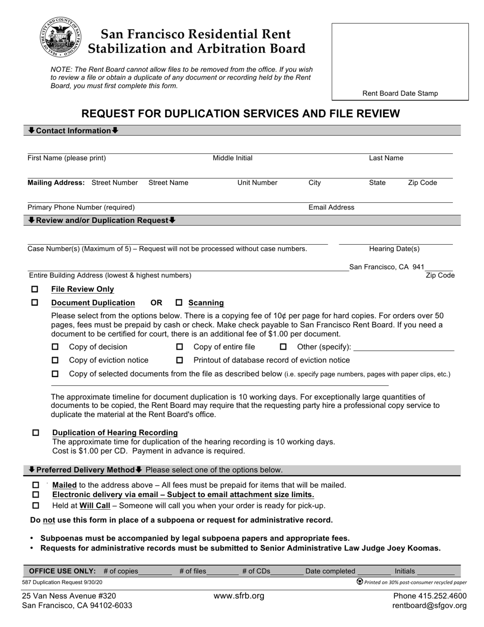 Form 587 Request for Duplication Services and/or Review of File - City and county of San Francisco, California, Page 1